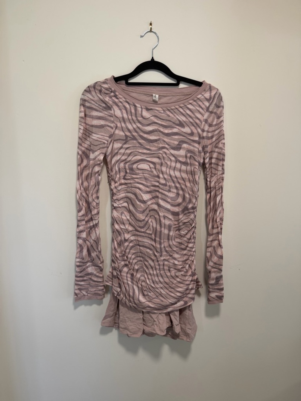Long Sleeve Pink Patterned Ruched Tunic Dress